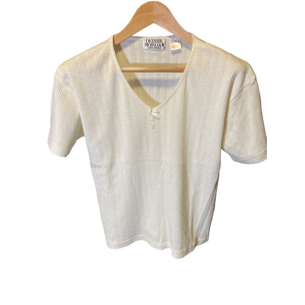 Debbie Morgan White Waffle Texture Short Sleeved Henley Top Sz M